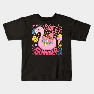 Sweet Summer a fun and colourful Summer time design a cute watermelon wearing sunglasses on a flamingo floaty Kids T-Shirt